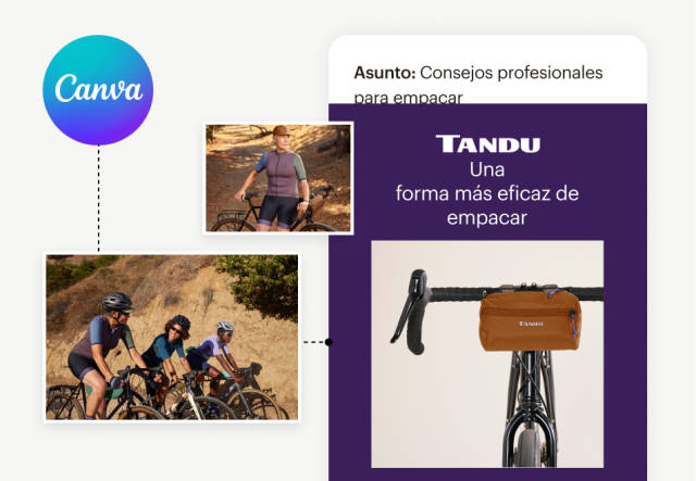 Maqueta de correo electrónico que muestra a ciclistas y una bolsa de almacenamiento en el manillar de una bicicleta, con un logotipo de Canva.

