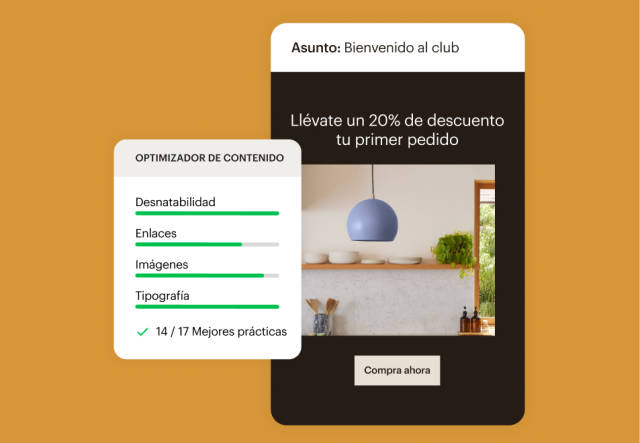 Ejemplo de la interfaz de usuario de Mailchimp con el Optimizador de contenido que califica un ejemplo de correo electrónico para determinar la capacidad de lectura, la calidad de los enlaces, la calidad de las imágenes y la calidad de la tipografía junto con el cumplimiento de las prácticas recomendadas del sector.