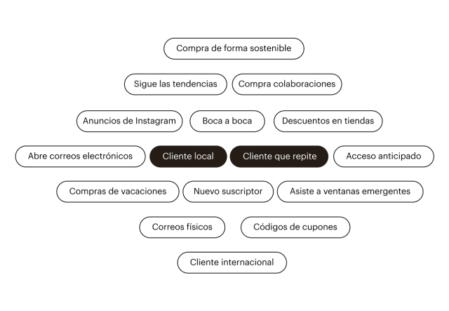 Una variedad de segmentos de ejemplo que se pueden dirigir a campañas de Mailchimp, como “Cliente local” y “Cliente repetido”.