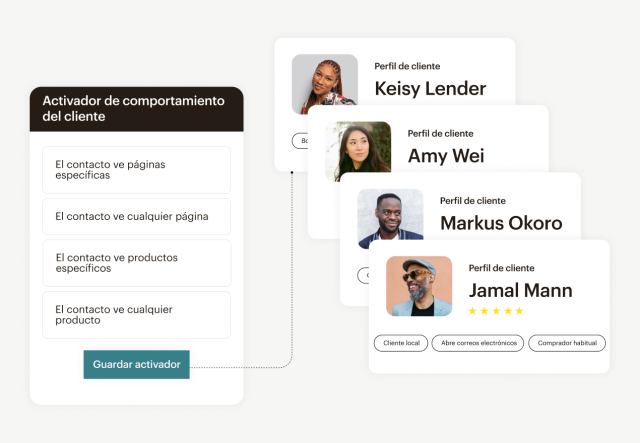 Ejemplos de activadores del comportamiento del cliente, como la visualización de una página o un producto específicos, junto a los perfiles de cliente en los que se pueden establecer.