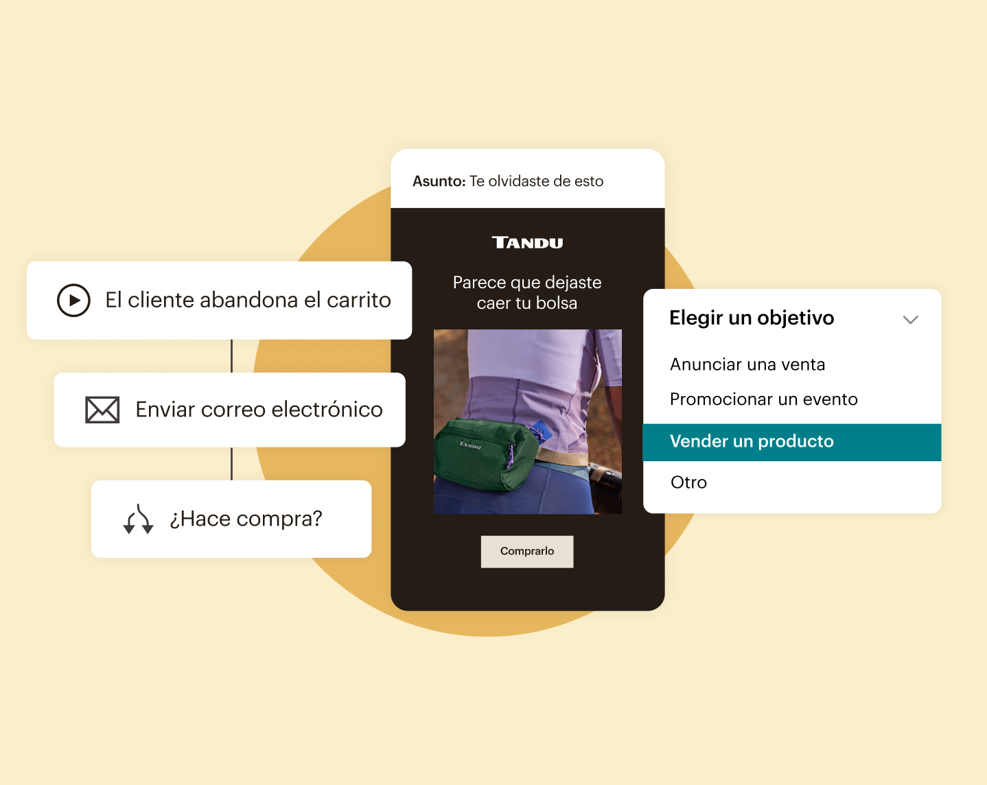 Correo electrónico de E-Commerce con una automatización del Recorrido del Cliente y un menú de objetivos como publicidad, promoción y venta.