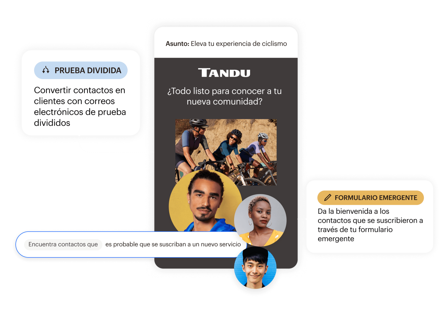 Ejemplo de IU de correos electrónicos para una marca de ciclismo que muestra las funciones de prueba dividida, formularios emergentes y búsqueda de contactos.